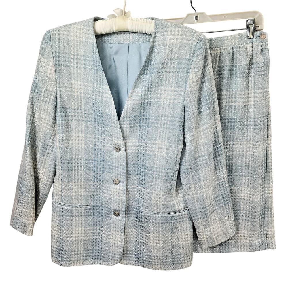 Alfred Dunner Plaid Blazer & Skirt Set Light Blue Size 12